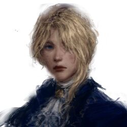 1girl all_lee24 ascot asymmetrical_bangs blonde_hair blue_eyes blue_jacket brooch duchess_(elden_ring) elden_ring elden_ring_nightreign hair_over_one_eye highres jacket jewelry portrait short_hair single_sidelock solo white_ascot white_background