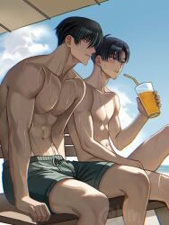 2boys abs black_hair blue_eyes blue_lock cup glass green_eyes green_male_swimwear hair_between_eyes holding holding_cup hyohls2_(hamao3o) isagi_yoichi itoshi_rin juice male_focus male_swimwear multiple_boys muscular muscular_male navel orange_juice short_hair stomach topless_male yaoi