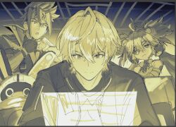 1girl 2boys animal_ears anton_ivanov bangboo_(zenless_zone_zero) bear_ears closed_mouth commentary_request eous_(zenless_zone_zero) eyepatch fake_animal_ears fingerless_gloves gloves hair_between_eyes headband heparou50 highres koleda_belobog monochrome multiple_boys open_mouth sepia shirt sketch spiked_hair wise_(zenless_zone_zero) zenless_zone_zero