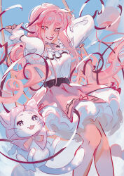 Rule 34 | absurdly long hair, absurdres, adjusting hair, animal, arms behind head, balloon, bare legs, bare shoulders, belt, black belt, black ribbon, blue sky, bow, bow choker, bowtie, bra strap, brown eyes, cat, choker, cloak, clothed animal, cloud, commentary, day, ear covers, english commentary, eyelashes, eyeshadow, floating clothes, floating hair, frilled shirt, frilled sleeves, frills, grin, hair ribbon, happy, highres, hood, hood up, hooded cloak, infinity nikki, knees, light blush, lipstick, long hair, long sidelocks, long sleeves, low twintails, makeup, margizaa, miniskirt, momo (nikki), nikki (nikki), nikki (series), off-shoulder shirt, off shoulder, official alternate costume, outdoors, perfect start (infinity nikki), petticoat, pink bow, pink bowtie, pink choker, pink cloak, pink eyeshadow, pink hair, pink ribbon, pink skirt, pleated skirt, red lips, ribbon, shirt, sidelocks, single stripe, skirt, sky, smile, striped choker, tress ribbon, twintails, very long hair, wavy hair, white cat, white shirt