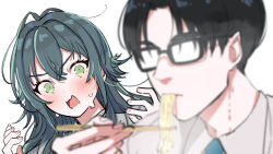 1boy 1girl black-framed_eyewear black_hair blush chopsticks eating gakuen_idolmaster glasses green_hair hair_flaps holding holding_chopsticks idolmaster kasasagi_(futagodori888) long_hair looking_at_food nervous_sweating producer_(idolmaster) simple_background steam sweat tsukimura_temari upper_body white_background