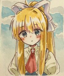 Rule 34 | 1girl, :o, air (visual novel), blonde hair, blue eyes, blush, cloud, cloudy sky, hair ribbon, highres, kamio misuzu, long hair, looking at viewer, necktie, parted lips, ponytail, red necktie, ribbon, shirt, sidelocks, sky, solo, surprised, traditional media, upper body, white ribbon, white shirt, ys tenyen