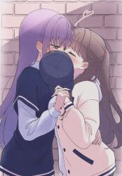 2girls baseball_cap blue_hat blue_sweater brick_wall brown_hair closed_eyes commentary_request fujishima_megumi green_eyes hand_on_another&#039;s_waist hat highres hiyori_(20hiyori727) holding holding_hands holding_unworn_clothes jacket kiss layered_sleeves link!_like!_love_live! long_hair long_sleeves love_live! multiple_girls otomune_kozue pink_jacket ponytail purple_hair short_over_long_sleeves short_sleeves sweater yuri