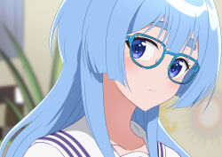 1girl blue-framed_eyewear blue_eyes blue_hair blurry blurry_background closed_mouth collarbone commentary_request depth_of_field derivative_work glasses indoors long_hair looking_at_viewer portrait sailor_collar school_uniform serafuku shirt shiunji-ke_no_kodomotachi shiunji_seiha short_eyebrows solo thick_eyebrows white_sailor_collar white_shirt yutsuki_warabi