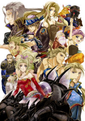 1990s_(style) 3girls asu_(asoras) blonde_hair cape cyan_garamonde celes_chere edgar_roni_figaro elbow_gloves everyone final_fantasy final_fantasy_vi gau gloves gogo interceptor jewelry locke_cole long_hair magitek_armor sabin_rene_figaro mog moogle multiple_girls pantyhose ponytail relm_arrowny scar setzer_gabbiani shadow_(ff6) silver_hair smile strago_magus tina_branford umaro yeti_(creature)