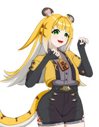 1girl animal_ear_fluff animal_ears blonde_hair gloves highres jacket ju_fufu long_hair looking_at_viewer multicolored_hair nobara~ shirt solo striped_fur striped_hair tail tiger_ears tiger_girl zenless_zone_zero