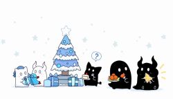 0_0 ? box cake cake_slice christmas christmas_ornaments christmas_present christmas_tree eating food fork fruit gift gift_box holding holding_fork holding_gift holding_plate horns hoshikui multiple_others no_humans original pine_tree plate shoutarou_(shoutarotttt) simple_background sitting snow spoken_question_mark star_(symbol) strawberry tree white_background white_eyes