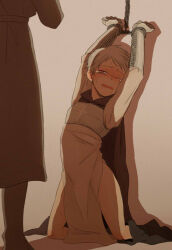 2boys albino armor axis_powers_hetalia bdsm bondage bottomless bound cape chain chained chained_wrists coat knight lullaby82001 male_focus multiple_boys open_mouth prussia_(hetalia) red_eyes restrained saliva tears vambraces white_coat white_hair