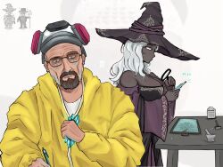 Rule 34 | 1boy, 1girl, breaking bad, brown facial hair, crossover, elden ring, elden ring nightreign, facial hair, hazmat suit, highres, johnholl0w, jumpsuit, old, old man, recluse (elden ring), walter white, white hair, yellow jumpsuit