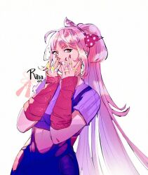 1girl artist_name blunt_bangs commentary cowboy_shot gokurakugai jewelry looking_at_viewer nei_takarai_(gokurakugai) pink_eyes pink_hair ponytail rinarookie ring short_sleeves sidelocks solo white_background