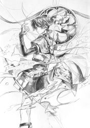 1boy armor artist_name belt bird blunt_ends bosonn_13 bridal_gauntlets cape closed_mouth curled_fingers fatui_logo furisode genshin_impact graphite_(medium) hakama hakama_shorts hand_up highres japanese_armor japanese_clothes kimono kote leg_warmers looking_at_viewer looking_back male_focus mandala mitsudomoe_(shape) pleated_shorts rope sash scaramouche_(genshin_impact) short_sleeves shorts sketch solo tomoe_(symbol) traditional_media wanderer_(genshin_impact) wispy_bangs