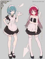2girls absurdres alternate_costume ankle_socks apron back_bow bare_arms bare_shoulders black_bow black_bowtie black_dress black_shoes blue_eyes blue_hair bow bowtie buttons center_frills chain chinese_commentary closed_mouth collar collarbone commentary_request copyright_name cup detached_collar dress enmaided eyelashes frilled_apron frilled_dress frills frown full_body grey_background hair_between_eyes hair_bow hair_ornament hairclip hand_on_own_hip happy high_heels highres holding holding_own_arm holding_plate knees long_hair mahou_shoujo_madoka_magica mahou_shoujo_madoka_magica_(anime) maid maid_headdress mary_janes miki_sayaka moonfire multiple_girls notice_lines one_eye_closed plate polearm puffy_short_sleeves puffy_sleeves red_eyes red_hair sakura_kyoko shadow shoes short_dress short_hair short_sleeves simple_background sleeveless sleeveless_dress smile socks spaghetti_strap spear standing teacup teaspoon thighhighs very_long_hair waist_apron weapon white_apron white_bow white_collar white_socks white_thighhighs zettai_ryouiki