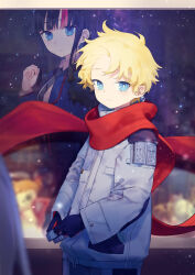 Rule 34 | 1boy, 1girl, absurdres, bishounen, black hair, blue eyes, blue jacket, blue skirt, breasts, bright pupils, camera, coat, collared shirt, daisi gi, fate/grand order, fate/requiem, fate (series), floating scarf, high-waist skirt, highres, holding, holding camera, jacket, long sleeves, medium breasts, medium hair, multicolored hair, necktie, night, night sky, official alternate costume, open clothes, open jacket, pants, pink hair, red scarf, scarf, shirt, sidelocks, skirt, sky, star (sky), starry sky, streaked hair, utsumi erice, utsumi erice (mission start), voyager (fate), voyager (over the same sky) (fate), white coat, white pants, white pupils, white shirt