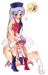 2girls 3girls :o alternate_costume animal_ears black_hair blue_eyes blush body_blush book boots braid breasts breath cameltoe chibi cleavage clenched_teeth cross cross-laced_footwear crotch dei_shirou feet female_focus flat_chest futon gym_uniform hat highleg highleg_leotard highres houraisan_kaguya imagining kinnikuman kinnikuman_(character) kneehighs leg_grab leg_up legs leotard long_hair looking_down lying motion_lines multiple_girls name_tag neet one_eye_closed open_mouth pain parted_bangs pillow purple_hair rabbit_ears red_cross red_eyes reisen_udongein_inaba shirt shoes sidelocks sigh silver_hair single_braid sitting sketch small_breasts socks spread_legs standing sweat t-shirt tears teeth television tiptoes touhou trembling under_covers uwabaki very_long_hair wince wink wrestling yagokoro_eirin