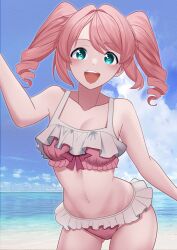 Rule 34 | 1girl, absurdres, beach, bikini, breasts, cleavage, commentary, cowboy shot, drill hair, english commentary, frilled bikini, frills, gluteal fold, green eyes, hanabishi haruka, hands out of frame, highres, looking at viewer, mahou shoujo ni akogarete, medium breasts, medium hair, navel, ocean, open mouth, outdoors, pink bikini, pink hair, sky, solo, standing, swimsuit, teeth, twin drills, upper teeth only, xueli shimazaki