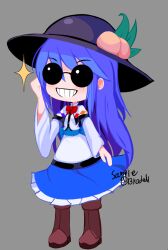 1girl adjusting_eyewear alternate_costume artist_name black_hat blue_hair blue_ribbon blue_skirt blush boots brodall_pixel brown_boots buttons capelet collared_capelet food frilled_skirt frills fruit fruit_hat_ornament glass grey_background hat hat_ornament hinanawi_tenshi long_hair long_sleeves neck_ribbon peach peach_hat_ornament red_ribbon ribbon round_eyewear shirt simple_background skirt smile sunglasses teeth touhou twitter_username upper_teeth_only waist_ribbon white_capelet white_shirt wide_sleeves