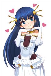 Rule 34 | 1girl, blue eyes, blue hair, blush, dress, elbow gloves, gloves, gold, hair ornament, hand on own chin, head on hand, highres, jewelry, lia parapara leazas, light smile, long hair, princess, raie l, rance (series), solo, white background, white dress, white gloves