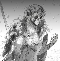 1boy a_(asan_a_aa) absurdres arm_up armor blood blood_on_armor blood_on_face breastplate cape closed_mouth commentary_request dimitri_alexandre_blaiddyd dimitri_alexandre_blaiddyd_(timeskip) fire_emblem fire_emblem:_three_houses fur-trimmed_cape fur_trim gauntlets greyscale hair_between_eyes highres holding holding_weapon injury korean_commentary looking_at_hand male_focus missing_eye monochrome nintendo sketch snowing solo upper_body weapon