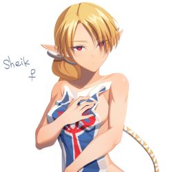 1girl blonde_hair blush braid breasts character_name covering_privates covering_breasts dark-skinned_female dark_skin long_hair looking_at_viewer miri_(cherryjelly) nintendo nude pointy_ears ponytail red_eyes sheik sheikah simple_background solo super_smash_bros. surcoat the_legend_of_zelda the_legend_of_zelda:_ocarina_of_time white_background
