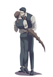2boys arms_around_waist arthropod_limbs black_hair black_vest brown_hair closed_eyes collared_shirt gamedaeha gregor_(project_moon) hair_slicked_back highres kiss lcb_uniform_(project_moon) lifting_person limbus_company low_ponytail meursault_(project_moon) multiple_boys necktie ponytail project_moon red_necktie shirt simple_background sleeves_rolled_up vest white_background white_shirt yaoi