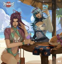 2girls backless_swimsuit beach breasts butterfly_ornament cleavage curvy green_lips green_one-piece_swimsuit hair_ribbon highleg highleg_one-piece_swimsuit highres jeff_(marvel) large_breasts long_hair looking_at_viewer luna_snow luna_snow_(cool_summer) marvel marvel_rivals multiple_girls nakoneart official_alternate_costume one-piece_swimsuit one_eye_closed outdoors ponytail psylocke psylocke_(breezy_butterfly) psylocke_(sai) purple_hair ribbon shiny_skin spider-man spider-man_(series) swimsuit two-tone_swimsuit water wide_hips x-men