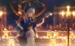Rule 34 | 1girl, black hat, candle, closed mouth, colorful palette, fire, game cg, glowing, green eyes, grey hair, guitar, hat, highres, hinomori shiho, holding, holding guitar, holding instrument, instrument, jar, looking at viewer, official alternate costume, official art, pants, project sekai, short hair, sitting, smile, solo, star (symbol), third-party source, white pants, yuruganu omoi ima kotoba ni shite (project sekai)
