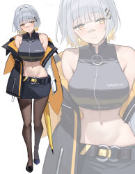 1girl bandaid bandaid_on_face bandaid_on_nose bare_shoulders belt black_belt black_jacket black_pantyhose black_shirt black_shoes black_skirt blonde_hair blunt_bangs breasts closed_mouth colored_inner_hair commentary_request crop_top full_body grey_hair groin hachi_(live_union) hair_ornament hairclip high_heels highres infinity_symbol jacket large_breasts live_union long_sleeves looking_at_viewer midriff mole mole_under_eye multicolored_hair multicolored_jacket navel off_shoulder open_clothes pantyhose pencil_skirt shirt shoes short_hair shougun_(chuckni1) sidelocks skirt sleeveless sleeveless_shirt smile standing two-tone_jacket virtual_youtuber white_background yellow_eyes zoom_layer