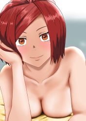 1girl bed blush breast_press breasts cleavage collarbone en&#039;en_no_shouboutai large_breasts lisa_isaribi looking_at_viewer lying nude on_stomach red_eyes red_hair smile solo valo_(jonjulio)