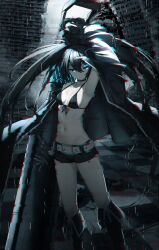 Rule 34 | belt, bikini, black coat, black hair, black rock shooter, black rock shooter (character), black shorts, boots, coat, flaming eye, long hair, no shirt, open clothes, open coat, pale skin, rock cannon, scar, shorts, swimsuit, tokyo (1421), twintails, uneven twintails
