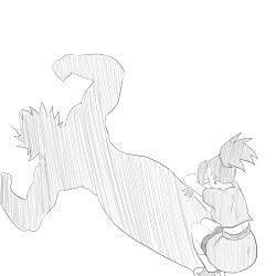 Rule 34 | 1girl, cat shadow puppet (meme), commentary request, dragon ball, dragon ball super, earrings, greyscale, highres, jewelry, kale (dragon ball), kyakyoi, legendary super saiyan, meme, monochrome, muscular, muscular female, ponytail, saiyan, shadow, shirt, short sleeves, skirt, solo, super saiyan
