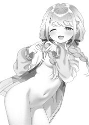 Rule 34 | 1girl, blush, braid, breasts, four-finger heart hands, fujita kotone, gakuen idolmaster, greyscale, heart, heart hands, highres, idolmaster, jacket, kanya pyi, long hair, looking at viewer, monochrome, naked jacket, navel, non-web source, one eye closed, open clothes, open jacket, open mouth, simple background, small breasts, smile, solo, twin braids