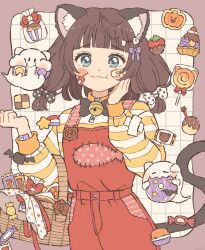 1girl :3 :t animal_ear_fluff animal_ears bandaid bandaid_on_arm bandaid_on_cheek bandaid_on_clothes bandaid_on_face bell black_bow black_bowtie blunt_bangs blush_stickers border bow bowtie brown_border brown_hair candy cat_ears cat_girl cat_tail checkerboard_cookie closed_mouth commentary_request cookie cowboy_shot donut eeppa fish_skeleton_hair_ornament food fruit ghost grid_background hair_bow hand_on_own_cheek hand_on_own_face highres jingle_bell lollipop long_sleeves looking_at_viewer macaron neck_bell original outside_border overalls purple_bow red_overalls shirt short_hair smile solo strawberry striped_clothes striped_shirt swirl_lollipop tail two-tone_shirt white_background white_shirt yellow_shirt