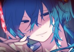 1boy blood bloody_knife blue_eyes blue_hair close-up colored_eyelashes empty_eyes fingernails grey_background grin hair_between_eyes happy_tree_friends holding holding_knife interlocked_fingers knife long_hair looking_at_viewer low_ponytail lumpy_(happy_tree_friends) omoyu_(nakyu715) own_hands_clasped own_hands_together personification ponytail portrait shaded_face simple_background smile solo vignetting