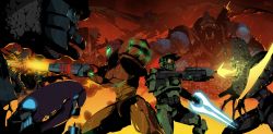 1boy 1girl absurdres action arm_cannon armor assault_rifle battle brute_(halo) bullpup crossover explosion fire firing full_armor glowing gun halo_(series) helmet highres ma5 master_chief meta_ridley metroid metroid_prime metroid_prime_1 nintendo omega_pirate power_armor power_suit power_suit_(metroid) r3dfive ridley rifle samus_aran sangheili science_fiction shoulder_pads space_pirate_(metroid) spartan_(halo) type-1_energy_sword varia_suit weapon