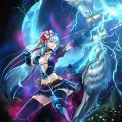 Rule 34 | 1girl, azure (armor), blue eyes, blue hair, bow (weapon), capcom, female focus, fingerless gloves, flower, gloves, long hair, matching hair/eyes, miniskirt, monster hunter (series), monster hunter frontier, moon, night, siso, skirt, smile, solo, star (symbol), thighhighs, warrior, weapon