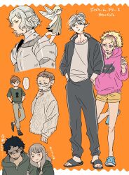 2girls 5boys armor between_fingers black_hair blue_eyes brown_hair chilchuck_tims cigarette crocs cuirass dark-skinned_male dark_skin dungeon_meshi elf fairy fairy_(dungeon_meshi) fleki gorget green_eyes grey_eyes grey_hair hair_around_ear hair_bun hair_pulled_back hairband highres holding holding_cigarette holm_kranom hood hoodie kabru long_sleeves lycion mask medium_hair milsiril mithrun mouth_mask multiple_boys multiple_girls notched_ear pants pauldrons pink_hoodie plate_armor pointy_ears purple_eyes salmonflakes010 shirt short_hair shorts shoulder_armor single_hair_bun slippers sweater sweatpants tattoo turtleneck turtleneck_sweater wings