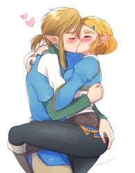 1boy 1girl black_pants blonde_hair blue_tunic blush champion&#039;s_tunic_(zelda) commentary_request cowboy_shot earrings hair_ornament hairclip hand_on_another&#039;s_ass heart hetero highres jewelry kiss layered_clothes link nintendo pants pointy_ears princess_zelda short_hair sidelocks simple_background teraichigo the_legend_of_zelda the_legend_of_zelda:_tears_of_the_kingdom tight_clothes tight_pants tunic white_background
