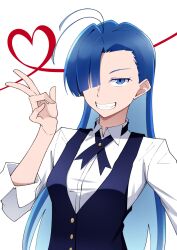 1girl ado_(utaite) ahoge blue_eyes blue_hair clenched_teeth collared_shirt commentary dress_shirt fang hair_over_one_eye hand_up heart highres merry_(ado) nori_(norinori_yrl) open_mouth readymade_(ado) shirt simple_background solo teeth upper_body w white_background white_shirt