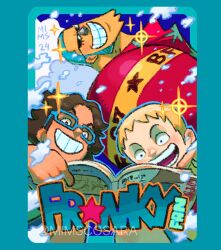 2024 3boys bespectacled_bookstore_kid blond_bookstore_kid blonde_hair blue_hair brown_hair buzz_cut character_name child cyborg eyelashes franky_(one_piece) glasses grin hawaiian_shirt highres leaning_back looking_down magazine_(weapon) male_focus mimscosara multiple_boys one_piece one_piece_fan_letter open_mouth reading shirt short_hair simple_background smile star_(symbol) sunglasses twitter_username very_short_hair watermark