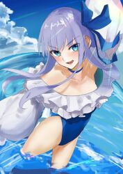 1girl absurdres bare_shoulders blue_eyes blue_ribbon blue_sky blush breasts choker collarbone fate/grand_order fate_(series) frilled_one-piece_swimsuit frills hair_ribbon highleg highleg_one-piece_swimsuit highres long_hair long_sleeves looking_at_viewer meltryllis meltryllis_(fate) meltryllis_(swimsuit_lancer)_(fate) meltryllis_(swimsuit_lancer)_(second_ascension)_(fate) ocean off-shoulder_one-piece_swimsuit off_shoulder one-piece_swimsuit open_mouth puffy_sleeves purple_hair revision ribbon s4ika sky sleeves_past_fingers sleeves_past_wrists small_breasts smile solo swimsuit thighs very_long_hair wading water white_ribbon