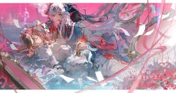 2girls absurdres animal animal_on_hand bead_necklace beads bell black_veil blood blood_drip blood_on_clothes blood_on_face blood_on_hands blue_gemstone breasts broken_mirror brown_hair bug butterfly butterfly_on_hand chinese_clothes chinese_text closed_eyes closed_mouth coin colored_eyelashes commission dress dtt89211435 earrings eyelashes fingernails flower gem hair_between_eyes hair_ornament highres holding holding_bell holding_smoking_pipe insect jewelry long_hair long_sleeves looking_at_viewer medium_breasts mirror multiple_girls necklace original parted_lips pink_butterfly red_butterfly red_eyes red_flower red_ribbon ribbon sidelocks smoke smoking_pipe snake spider_lily talisman veil very_long_hair watermark weibo_watermark white_dress white_hair white_snake