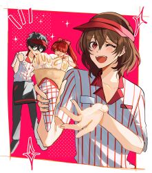 1girl 2boys absurdres akechi_gorou alternate_costume amamiya_ren black_hair brown_hair food fsmaichobpeg0 glasses highres long_hair multiple_boys one_eye_closed open_mouth persona persona_5 persona_5_the_royal ponytail short_hair smile thumbs_up yoshizawa_kasumi