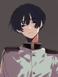 1boy axis_powers_hetalia black_eyes black_hair buttons closed_mouth commentary_request grey_background hair_between_eyes half-closed_eyes highres jacket japan_(hetalia) looking_at_viewer male_focus military_jacket military_uniform short_hair simple_background smile solo upper_body white_jacket wto_1955514
