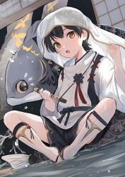 1boy black_hair black_shorts brown_eyes cocolo_(co_co_lo) commentary_request highres japanese_clothes kimono koi looking_at_viewer male_focus open_mouth original short_hair short_shorts shorts sitting solo veil