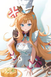 1girl absurdres ahoge anger_vein apron bare_arms blonde_hair blue_eyes breasts buttons cake chef_hat double-breasted escoffier_(genshin_impact) food genshin_impact gold_trim gosmfl hair_ornament hat highres long_hair looking_at_viewer medium_breasts open_mouth plate solo upper_body very_long_hair white_apron white_hat wrist_cuffs