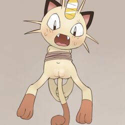 1girl animal animal_ears arms_behind_back bdsm blush bound bound_arms cat_ears cat_tail cleft_of_venus completely_nude creatures_(company) embarrassed fangs fat_mons female_focus flat_chest full_body game_freak gen_1_pokemon grey_background head_tilt highres legs_apart looking_down lying meowth navel nintendo no_humans no_nose nude on_back open_mouth pokemon pokemon_(creature) pussy rope simple_background slit_pupils solo spread_legs sweat sweatdrop tail tongue whiskers youjo_modoki