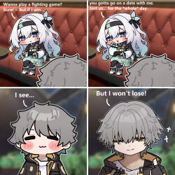1boy 1girl :3 aqua_dress black_hairband black_jacket black_leggings black_ribbon blue_pupils blush blush_stickers bridal_gauntlets caelus_(honkai:_star_rail) controller couch dress english_text firefly_(honkai:_star_rail) gradient_hair hair_between_eyes hair_intakes hair_ornament hair_over_eyes hair_ribbon hairband highres holding holding_controller honkai:_star_rail honkai_(series) jacket ldd.ek leggings long_hair multicolored_eyes multicolored_hair neckerchief on_couch one_eye_closed open_clothes open_jacket open_mouth orange_neckerchief ribbon shirt single_bridal_gauntlet sitting trailblazer_(honkai:_star_rail) white_shirt yellow_eyes