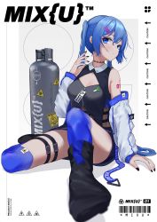 1girl barcode bare_shoulders belt black_nails blue_eyes blue_hair blue_socks caution cleavage_cutout clothing_cutout commentary detached_sleeves expressionless female_focus foreshortening gas_tank hair_ornament hairclip hand_up hatsune_miku head_tilt highres kneehighs long_hair nail_polish osanzi puffy_sleeves shoulder_tattoo sitting socks solo spring_onion tattoo twintails very_long_hair vocaloid