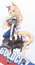 1girl absurdres animal_ears blonde_hair blue_bow blue_eyes bow chahiro character_name clothing_cutout ear_bow from_behind gloves gold_city_(umamusume) grey_jacket grey_shoes grey_skirt highres holding holding_microphone horse_ears horse_girl horse_tail jacket long_hair looking_at_viewer microphone official_alternate_costume plaid_clothes plaid_footwear plaid_jacket plaid_skirt shoes skirt smile solo tail tail_through_clothes trailblazer_bash!_(umamusume) twitter_username umamusume white_gloves