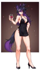 1girl :3 absurdres ahoge alcohol alt_text animal_ear_fluff animal_ears arched_back bare_shoulders black_dress black_hair black_panties black_shoes black_tail border breasts brown_background cat_ears cat_girl cat_tail cleavage collarbone colored_inner_hair colored_tips commentary contrapposto covered_navel cup curled_fingers diamond-shaped_pupils diamond_(shape) dot_nose double-parted_bangs dress drinking_glass english_commentary eyebrows_hidden_by_hair fingernails full_body gradient_background grin groin hair_between_eyes hair_flaps hair_intakes hand_on_own_hip hand_up high_heels highleg highleg_dress highleg_panties highres holding holding_cup invisible_floor knees large_breasts legs_apart light_blush long_eyelashes long_hair long_legs long_sidelocks looking_at_viewer messy_hair multicolored_hair narrow_waist no_bra original panties panty_straps parted_lips plunging_neckline pumps purple_eyes purple_hair purple_nails purple_streaks purple_tail raised_eyebrows red_wine shoes short_dress side_slit sideboob sidelocks sleeveless sleeveless_dress slit_pupils smile solo sparkle sparkling_eyes standing star_(symbol) star_symbol_background streaked_hair striped_blush symbol-shaped_pupils tail teeth thick_eyelashes thick_thighs thighs tight_clothes tight_dress toned toned_female tsurime two-tone_hair two-tone_tail underboob underwear very_long_hair vixenofthestars wavy_hair white_background white_border wide_hips wine wine_glass